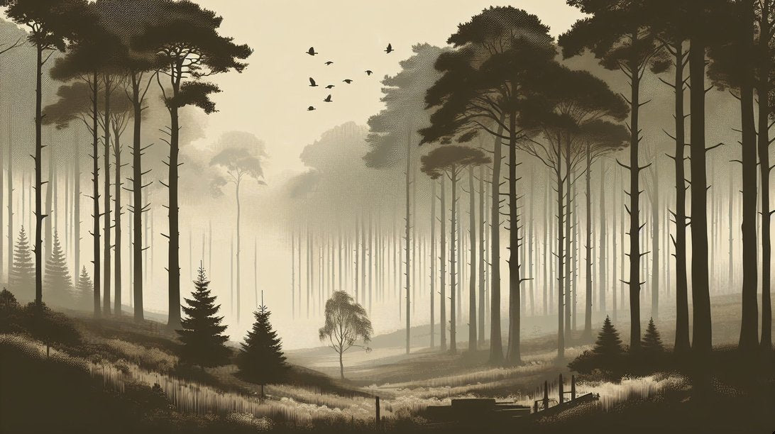Detailed view of forest mural wallpaper showing misty pine forest landscape with flying birds