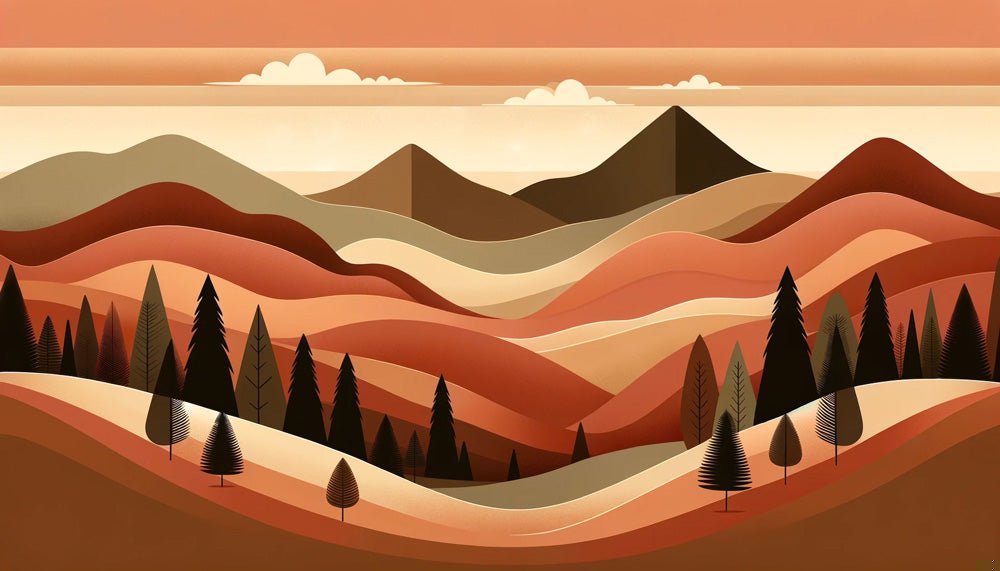 Mountain landscape mural wallpaper featuring layered terracotta mountains and pine trees at sunset