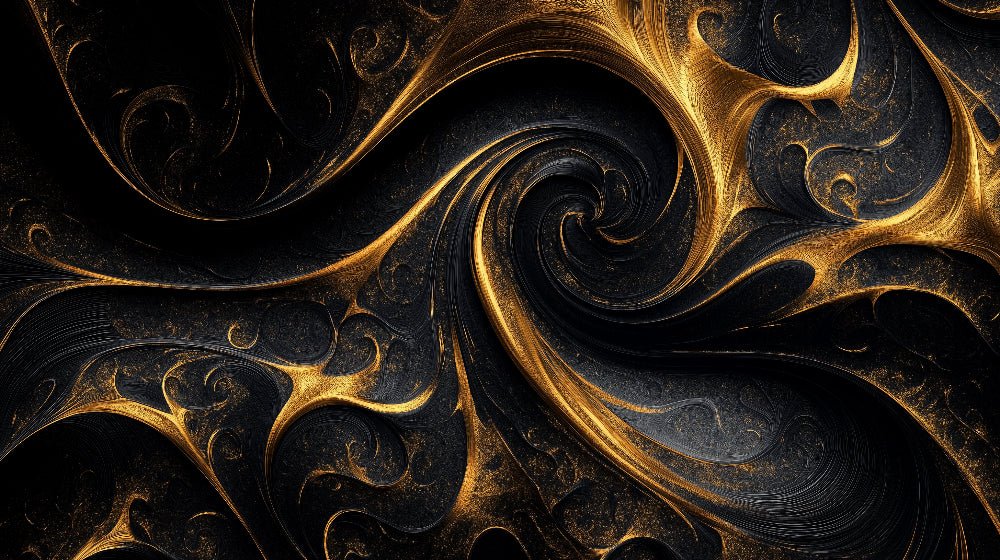 Close-up detail of abstract gold and black spiral pattern mural wallpaper