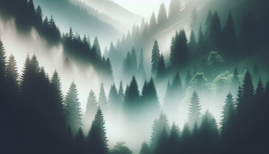 Detailed view of pine forest mural wallpaper with morning mist effect