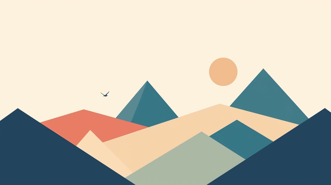 Minimalist geometric mountain landscape mural wallpaper design with abstract peaks and peach sun