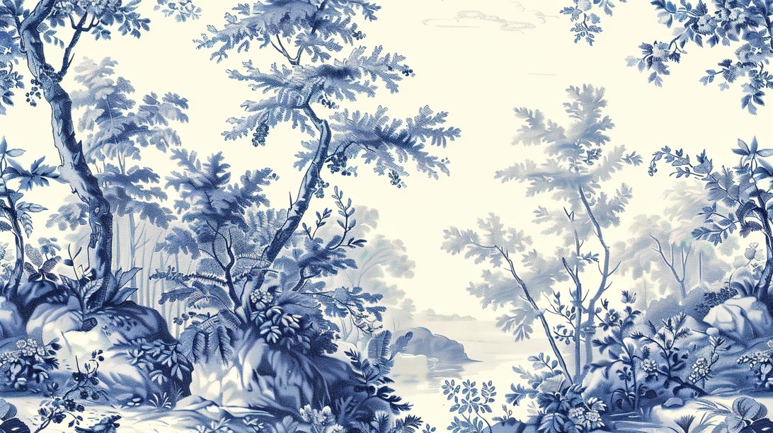 Panoramic view of blue Toile de Jouy tree mural wallpaper installation