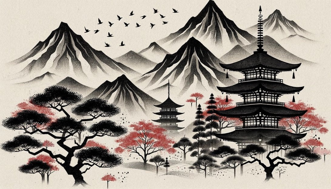 Japanese temple mural wallpaper design with pagodas, mountains and cherry blossoms in black, white and red