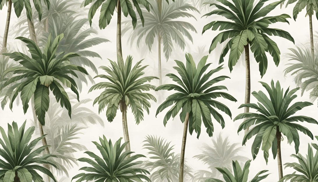 Full-scale view of palm tree mural wallpaper installation in room setting
