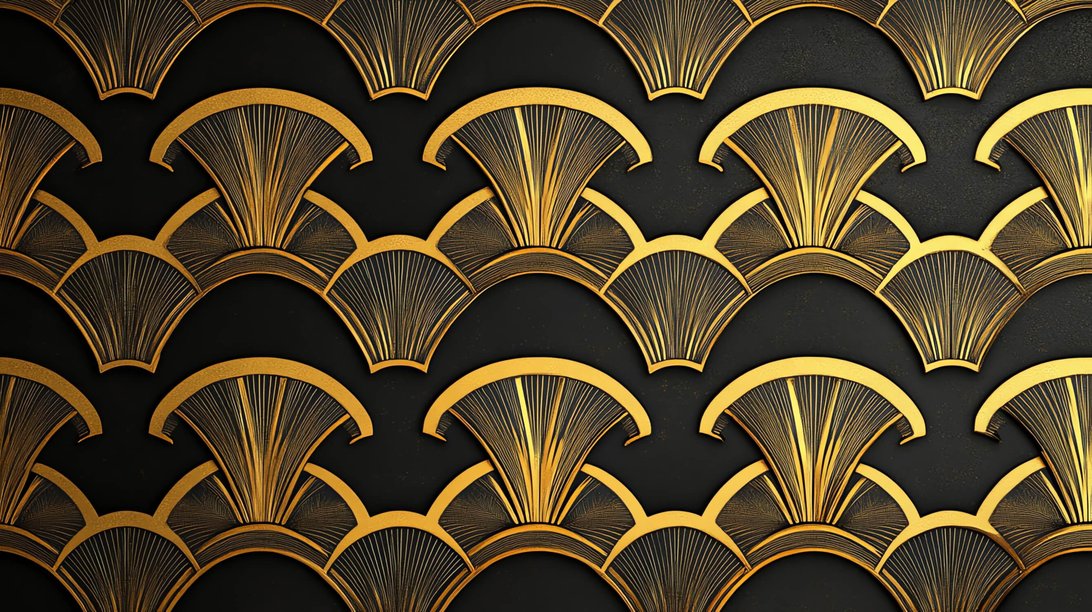 Full-scale view of Art Deco mural wallpaper pattern in black and gold