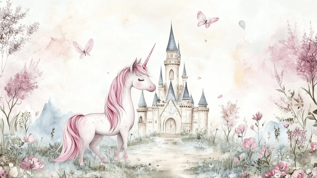 Full room view of magical unicorn castle mural wallpaper installation