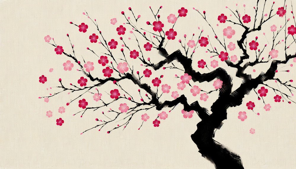 Close-up of Japanese cherry blossom mural wallpaper design showing detailed ink-style branches and pink blossoms