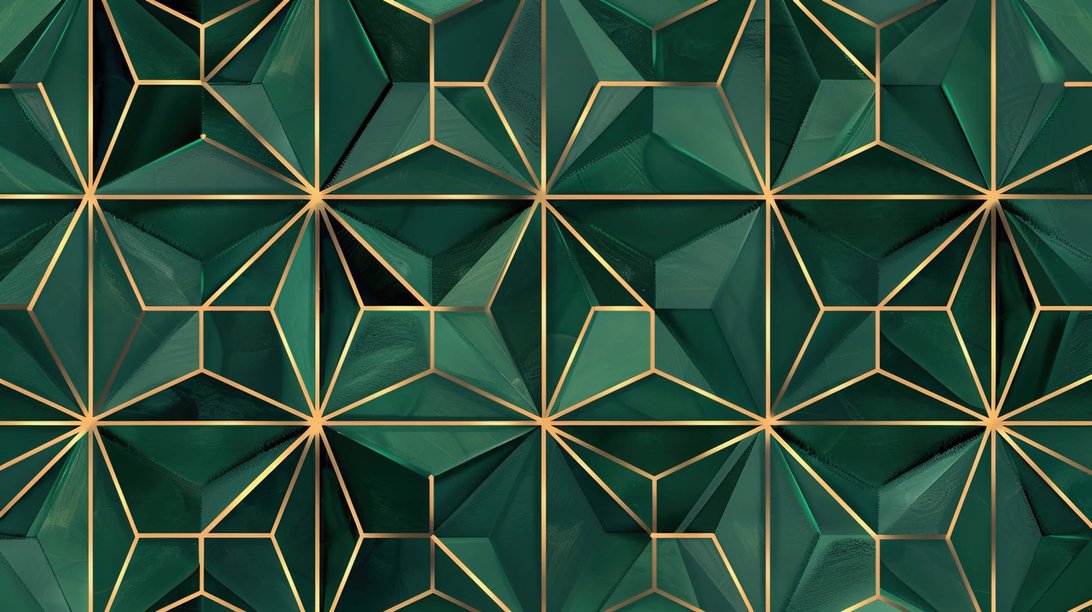 Full-room view of emerald green and gold geometric art deco mural wallpaper installation