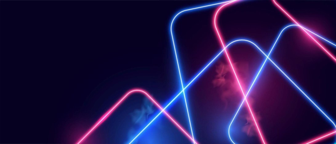 Full-room view of modern interior with neon geometric mural wallpaper installation