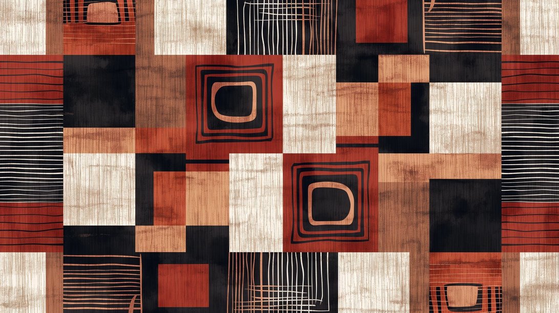 Modern geometric mural wallpaper with abstract terracotta and black pattern featuring squares and linear designs