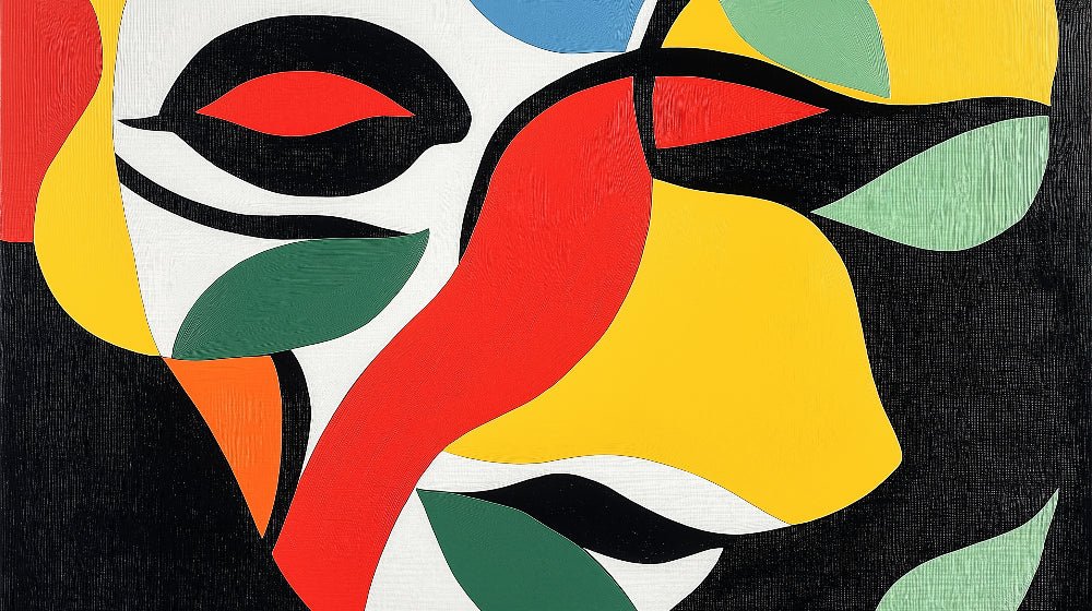 Close-up of abstract geometric mural wallpaper design with red, yellow, and green shapes