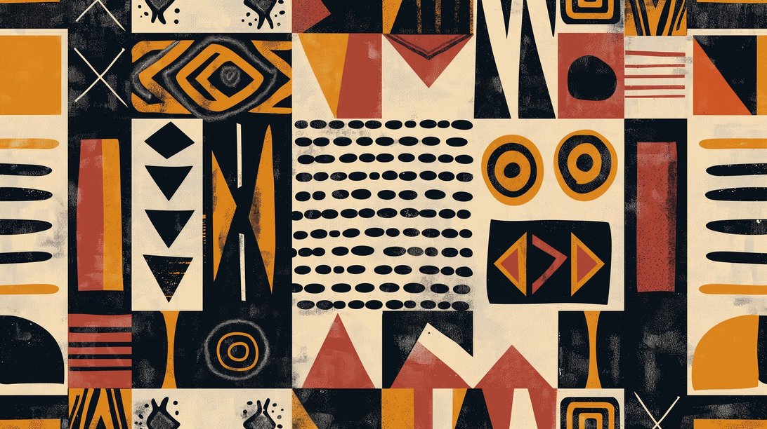 Close-up detail of geometric tribal pattern mural wallpaper featuring terracotta, gold, and black designs