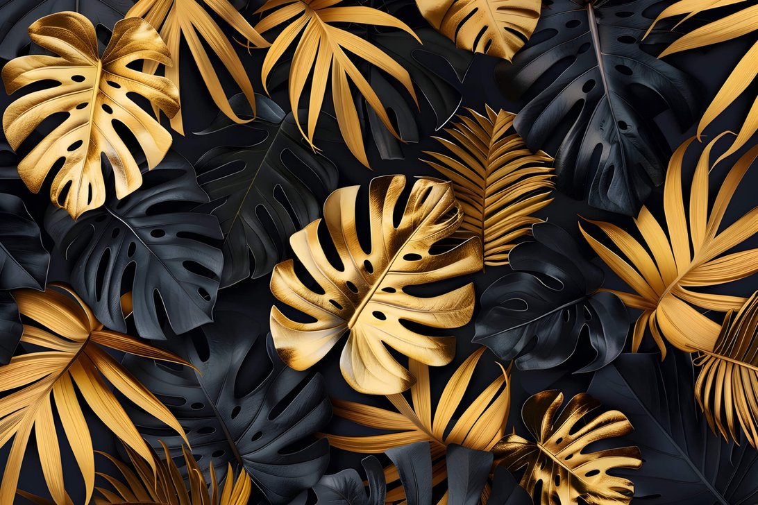 Full room view of black and gold monstera leaf mural wallpaper installation