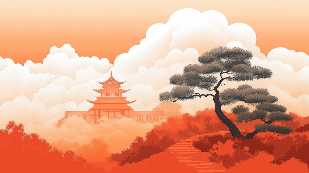 Japanese landscape mural wallpaper detail showing pagoda and pine tree silhouette against orange sunset sky