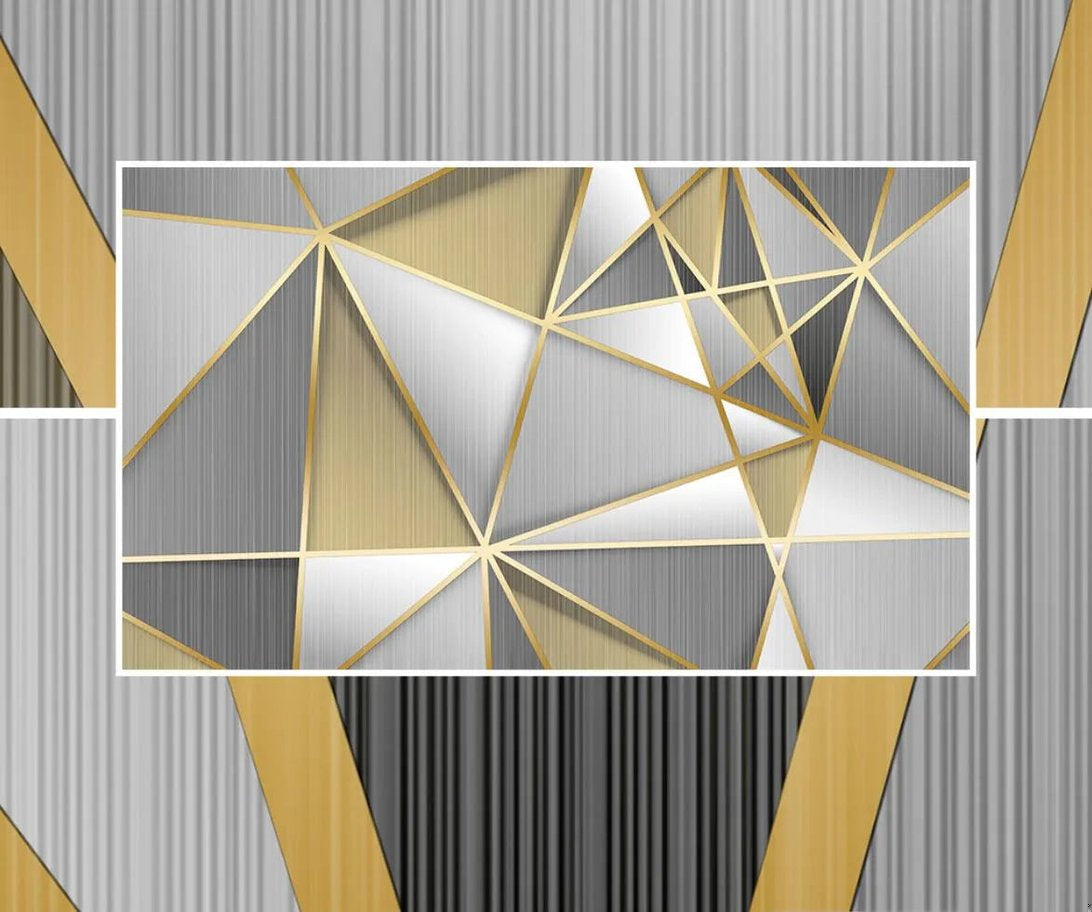 Close-up detail of geometric mural wallpaper pattern in grey and gold