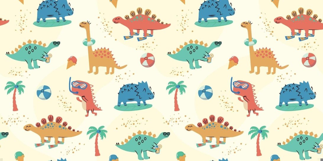 Seamless pattern of beach-loving dinosaurs and tropical elements on cream background mural wallpaper
