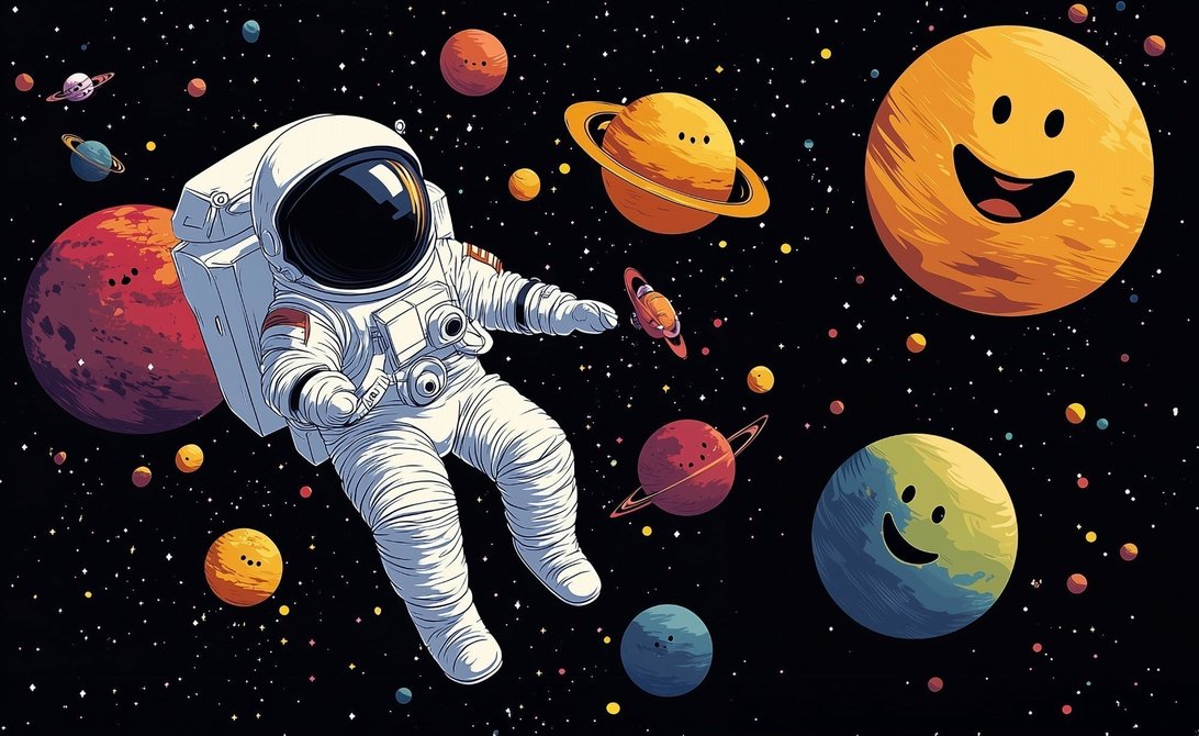 Space Explorer mural wallpaper design with floating astronaut and cheerful planets in the universe