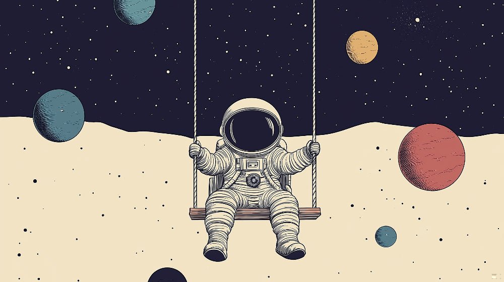Detailed view of Space Explorer mural wallpaper with astronaut swinging among planets