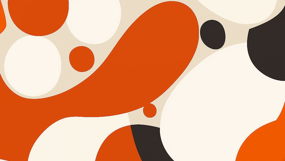 Close-up of abstract geometric pattern with orange and black circles on beige background