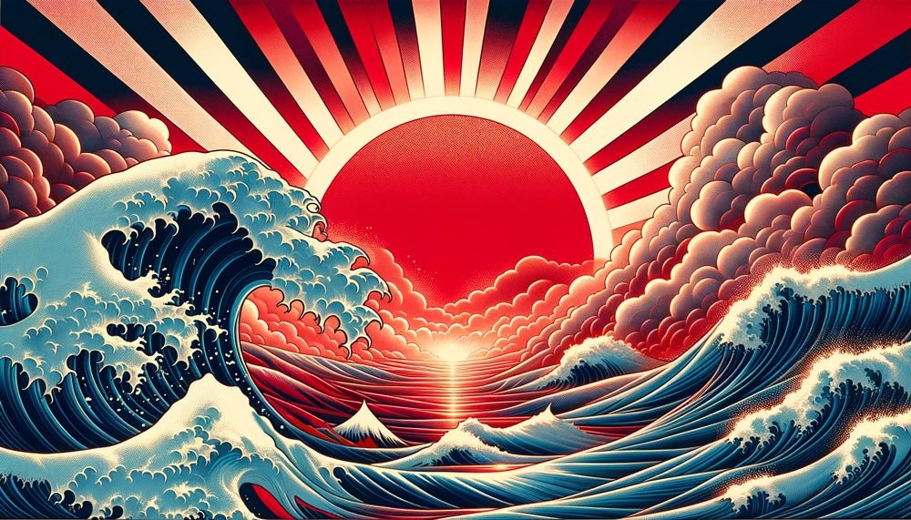 Japanese Great Wave mural wallpaper detail showing turquoise waves and red rising sun