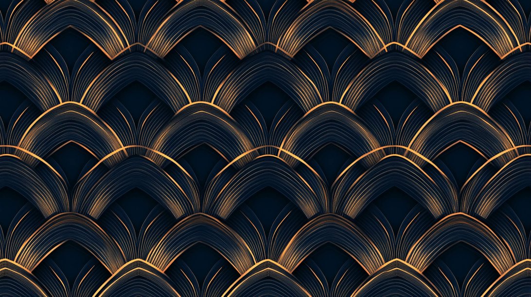 Full-wall view of black and gold Art Deco fan pattern mural wallpaper