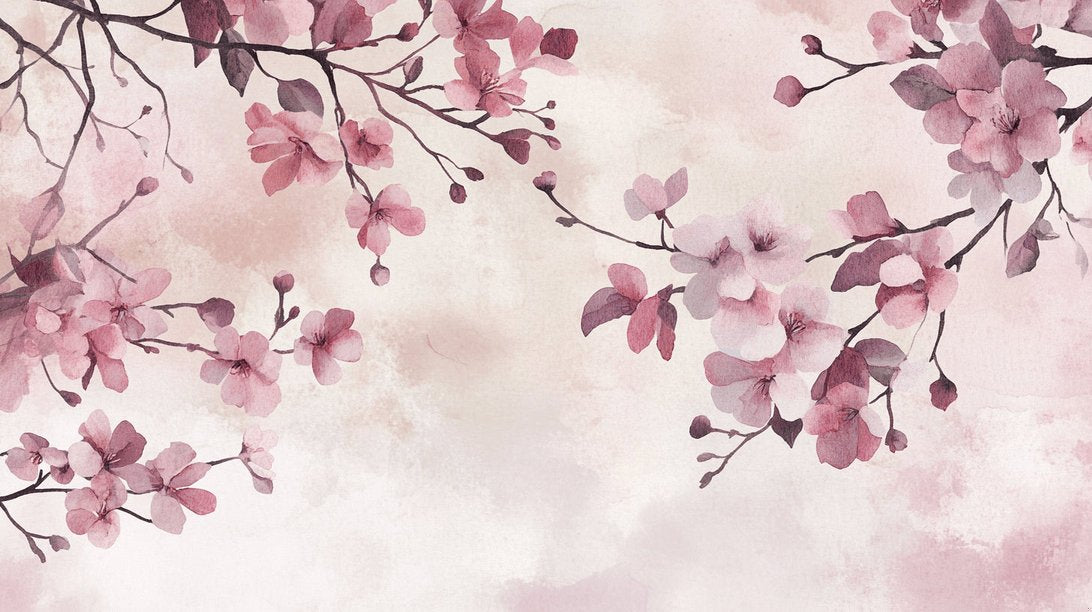 Close-up of cherry blossom branches and petals on mural wallpaper