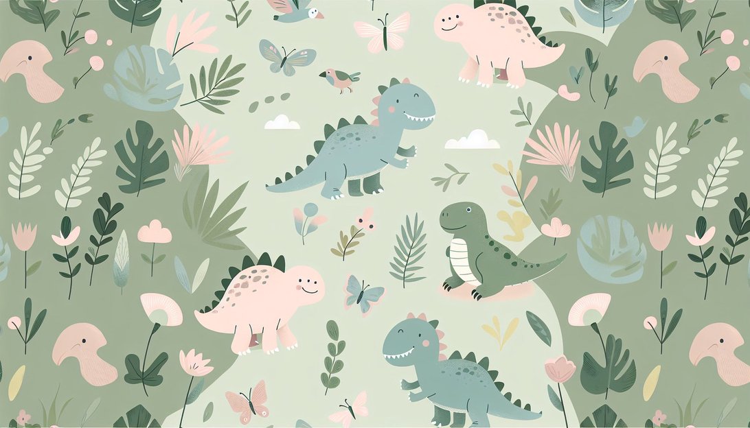 Dinosaur mural wallpaper with cute pastel dinosaurs, butterflies, and botanical elements on sage green background