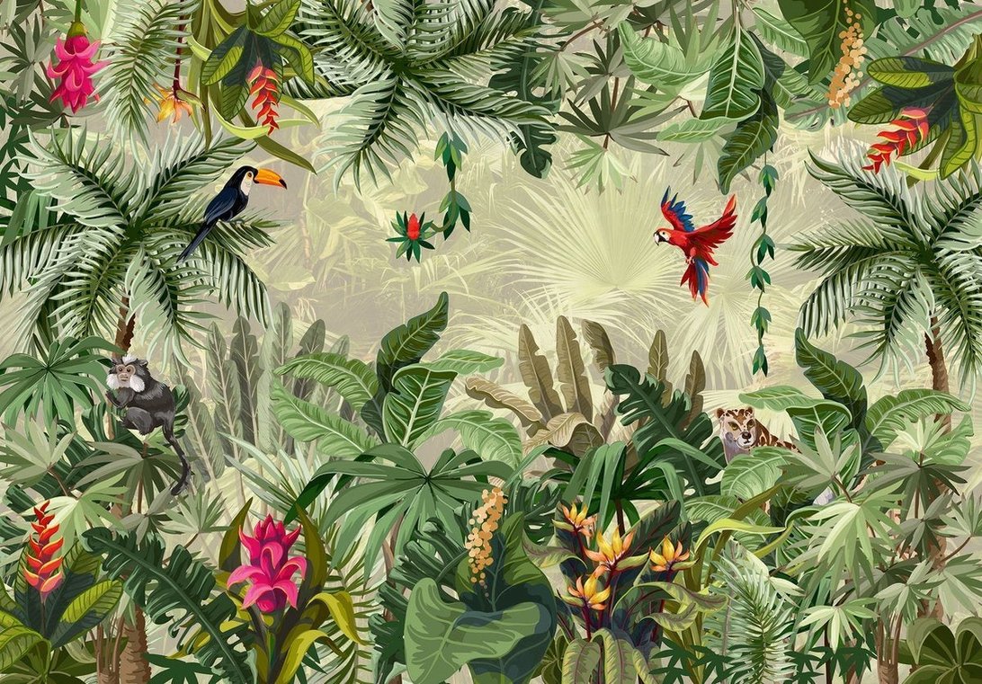 Tropical birds and flowers mural wallpaper installation view
