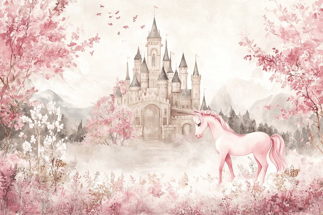 Princess theme mural wallpaper featuring castle and unicorn in bedroom setting
