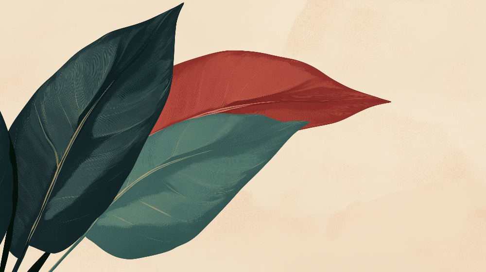 Close-up detail of oversized botanical leaves in forest green and terracotta on beige background