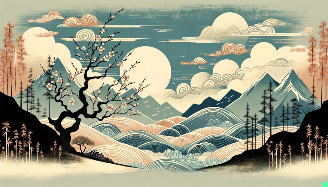 Traditional Japanese art mural wallpaper featuring cherry blossoms and mountain peaks