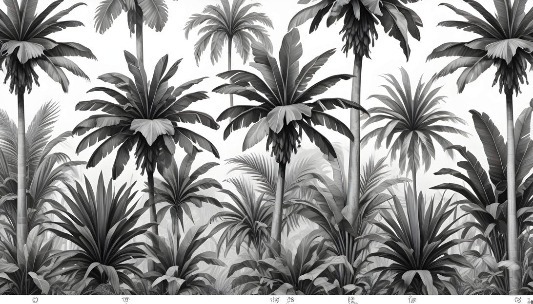 Large-scale tropical palm leaves wallpaper mural in sophisticated grayscale
