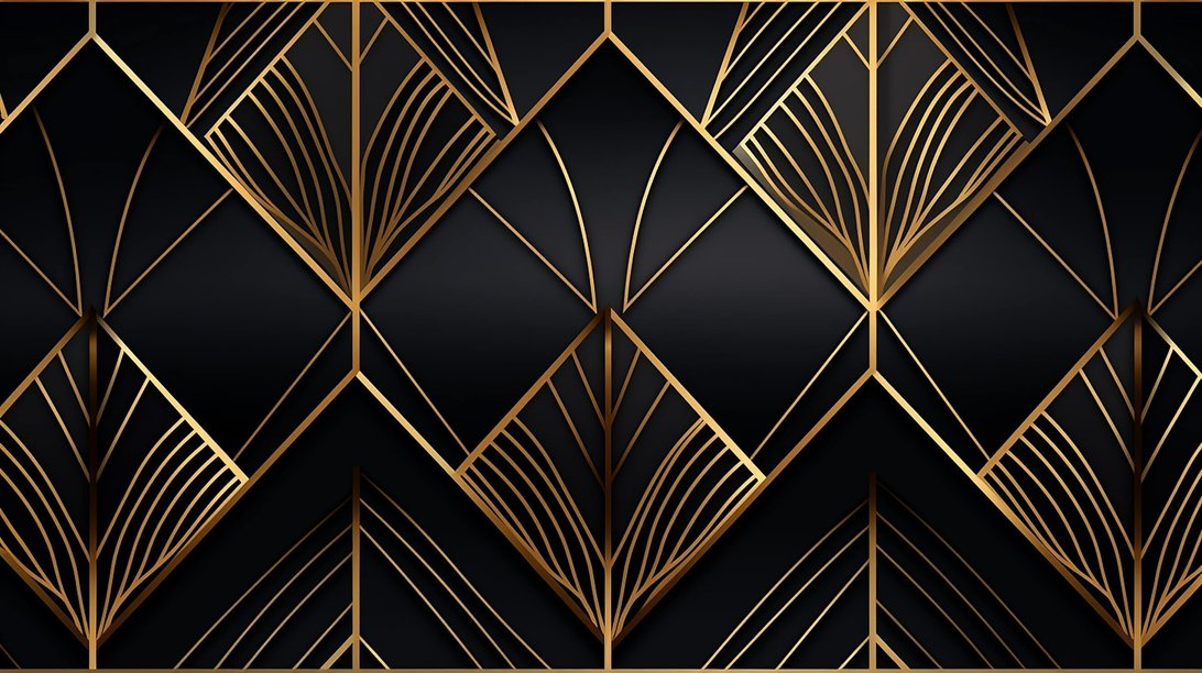 Detailed view of Art Deco mural wallpaper showing intricate gold geometric design on black background