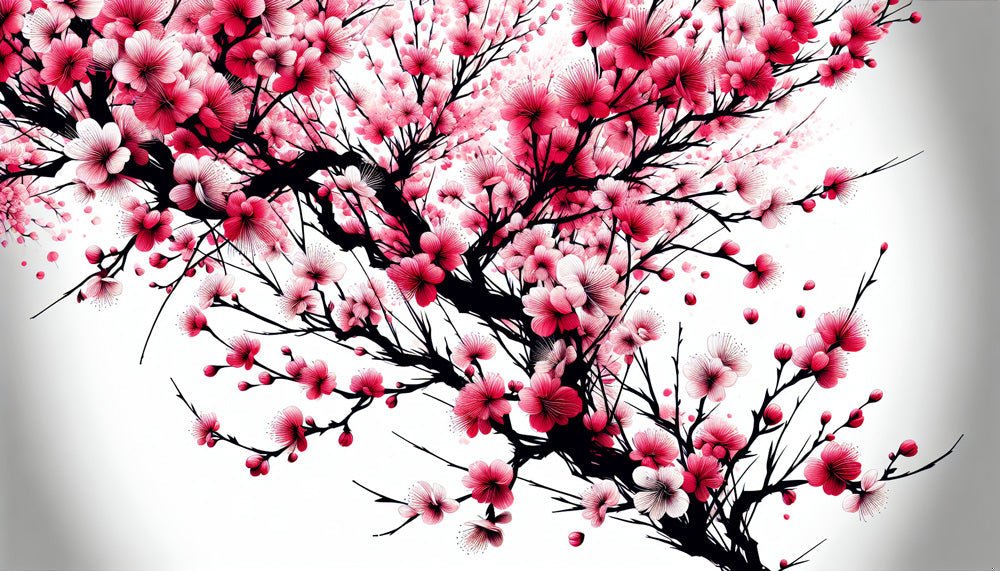 Close-up of pink cherry blossom pattern on Japanese mural wallpaper with black branches