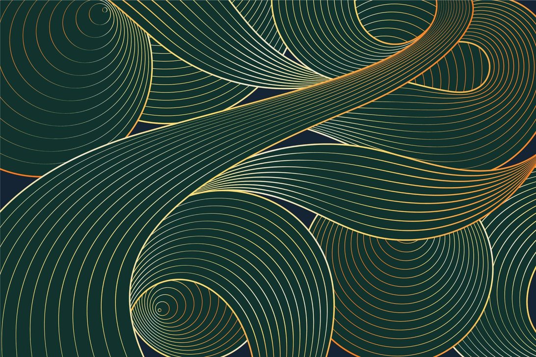 Full-room view of Art Deco emerald and gold wave mural wallpaper installation