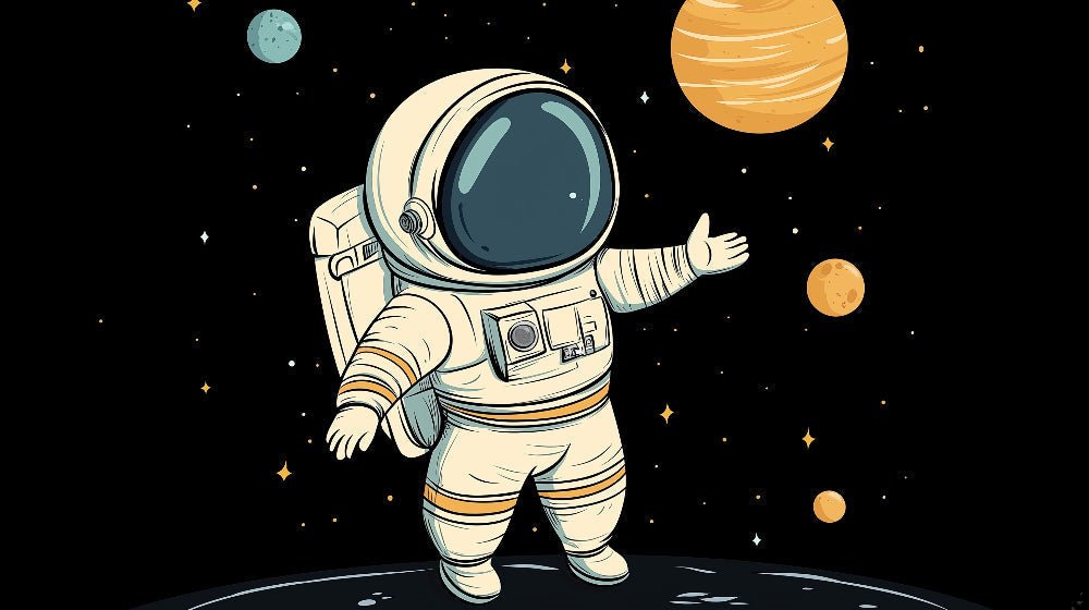 Detailed view of astronaut illustration floating among planets on space mural wallpaper