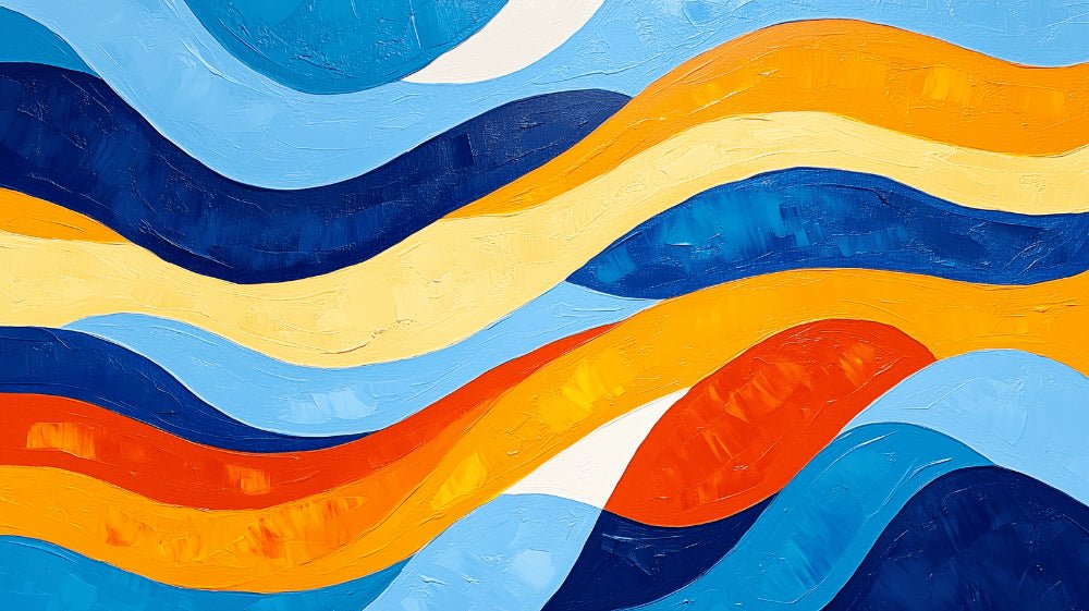 Close-up detail of abstract wave pattern mural wallpaper showing textured blue and orange waves