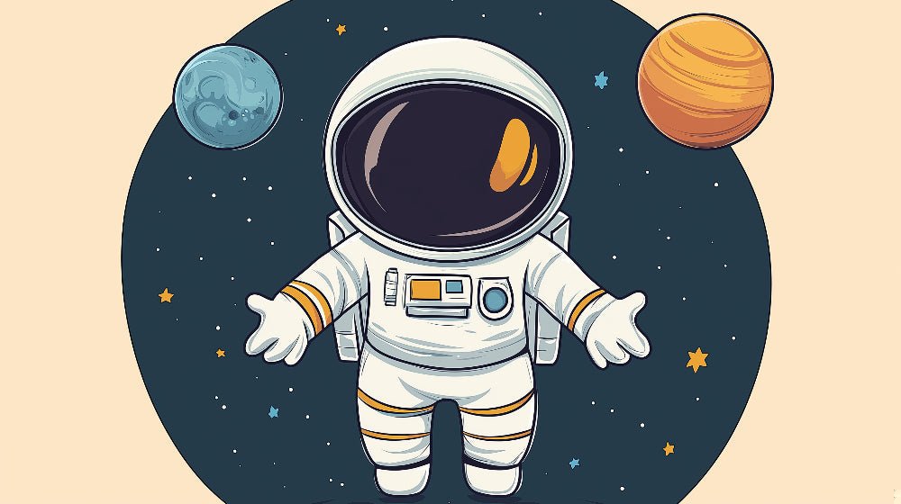 Detailed view of space explorer mural wallpaper design with astronaut floating among planets