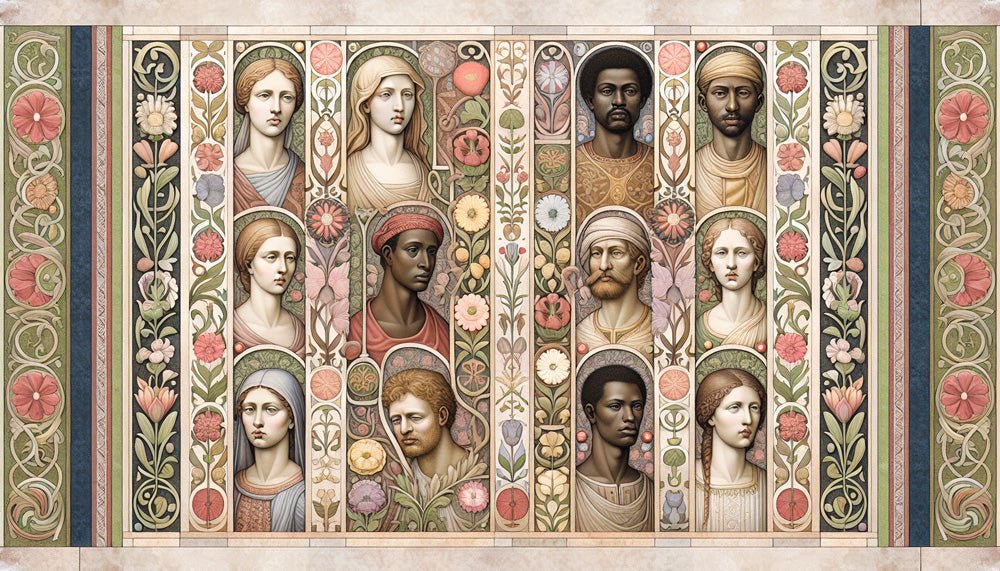 Detailed view of Art Deco mural wallpaper featuring portrait gallery with vintage floral ornaments