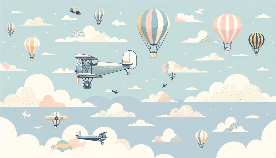 Detailed view of vintage aviation wallpaper pattern with hot air balloons and biplanes floating in pastel sky