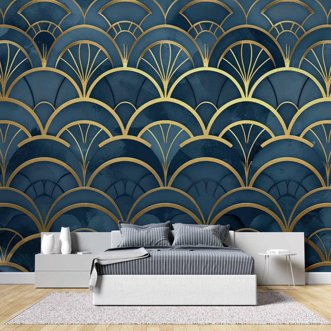 Detailed view of Art Deco mural wallpaper with golden fan motif on deep blue in bedroom setting