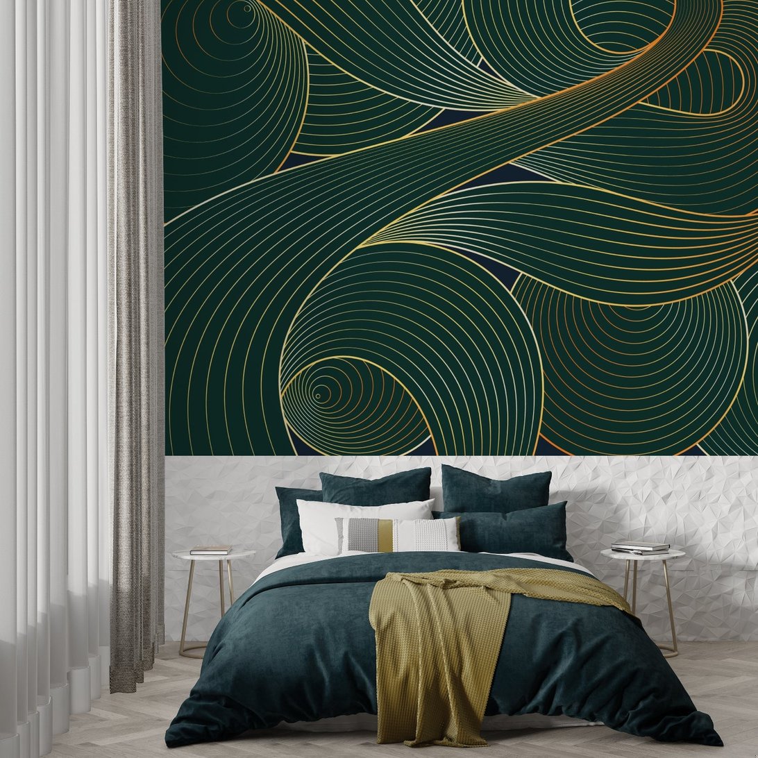 Detailed view of emerald and gold Art Deco wave pattern wallpaper