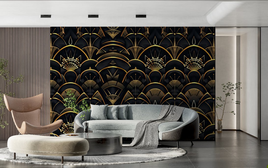 Art Deco geometric mural wallpaper showcased in contemporary living room