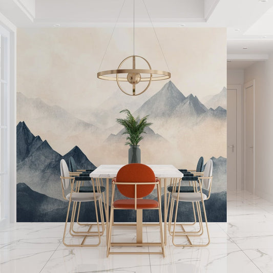 Mountain range mural wallpaper in modern dining room with marble table and designer lighting
