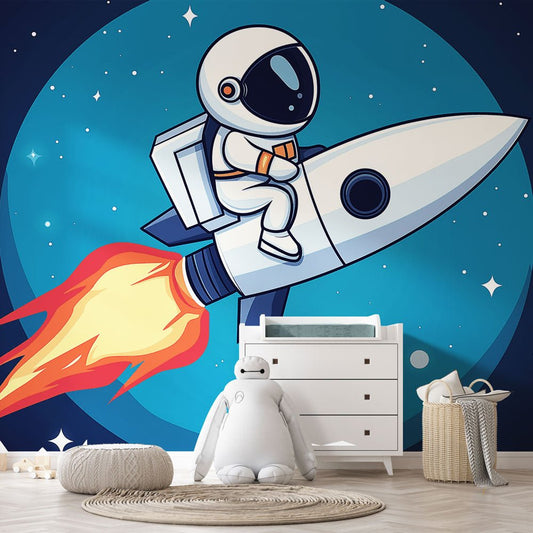 Space adventure mural wallpaper showing astronaut riding rocket ship against turquoise planet and starry background