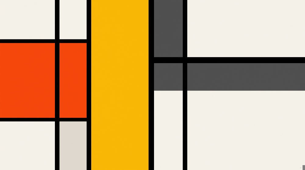 Close-up of geometric mural wallpaper pattern showing yellow, orange, white, and gray color blocks