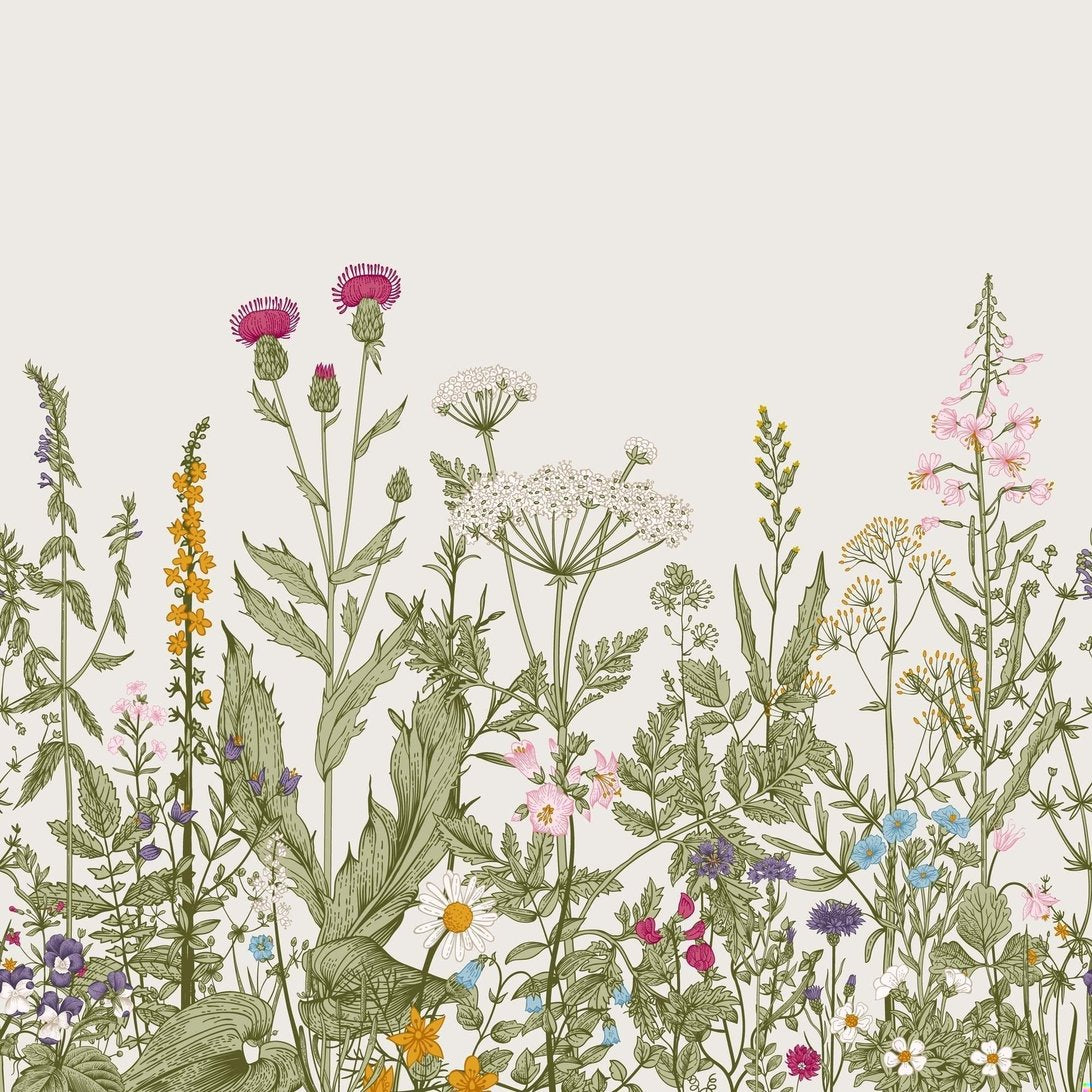 Full-pattern view of wildflower botanical mural wallpaper design