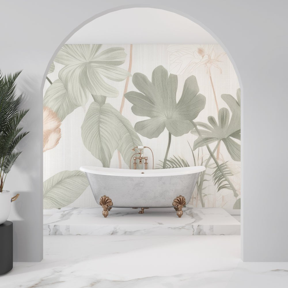 Contemporary bathroom design with botanical mural wallpaper