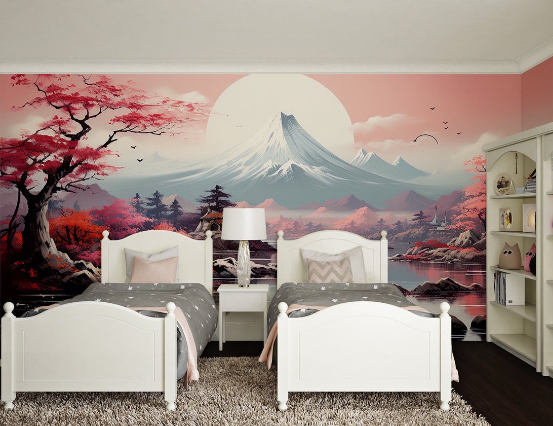 Japanese mural wallpaper showing Mount Fuji at sunset with cherry blossoms