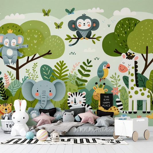 Jungle animals nursery mural wallpaper featuring cute safari animals in pastel colors with decorated room setting